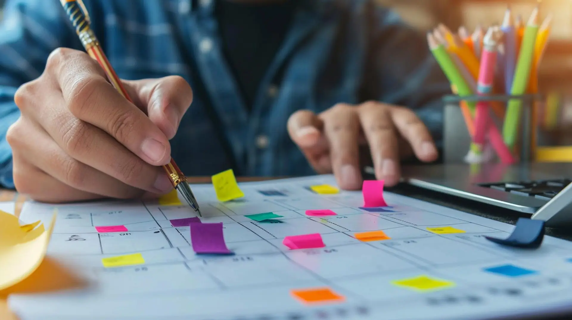Someone writing on a calendar with colourful post-it notes