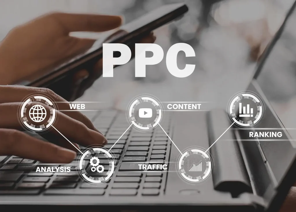 PPC with marketing diagrams over the top of a close up of someone on their phone and laptop