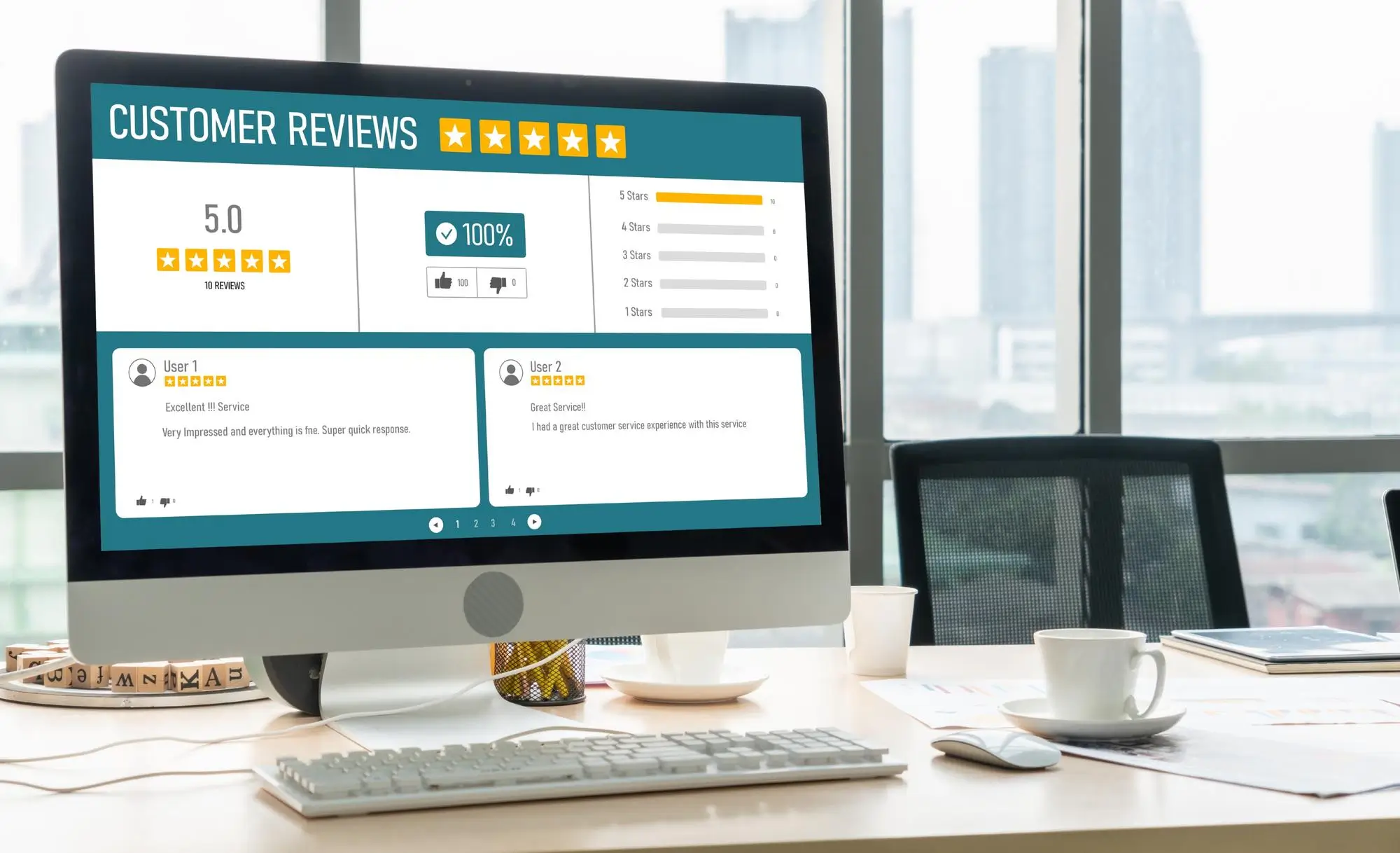 A computer showing multiple customer reviews