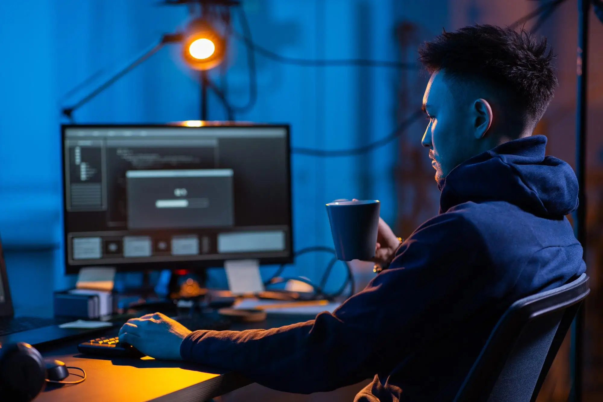 A man on his computer at night, drinking coffee