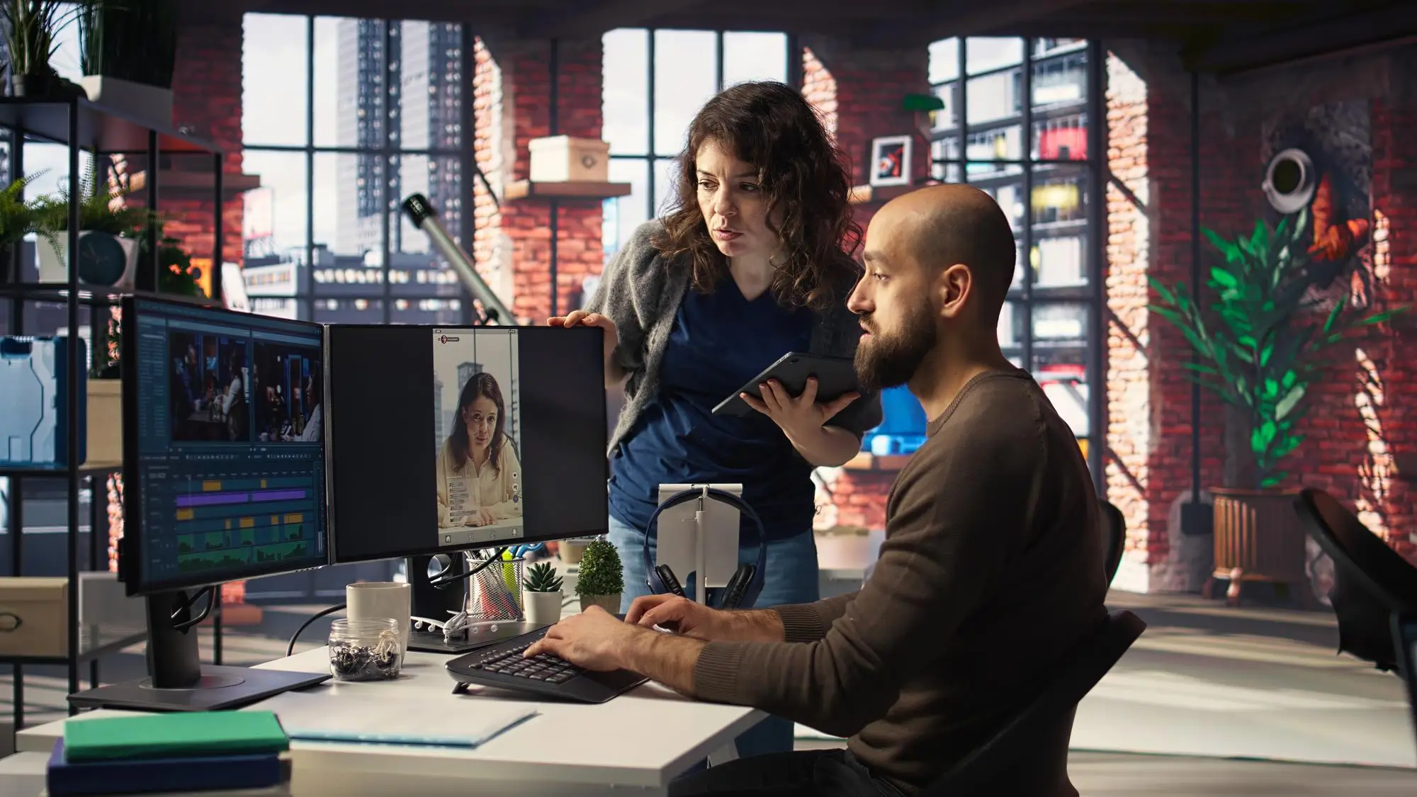 Two people looking confused at a computer screen with editing software on it