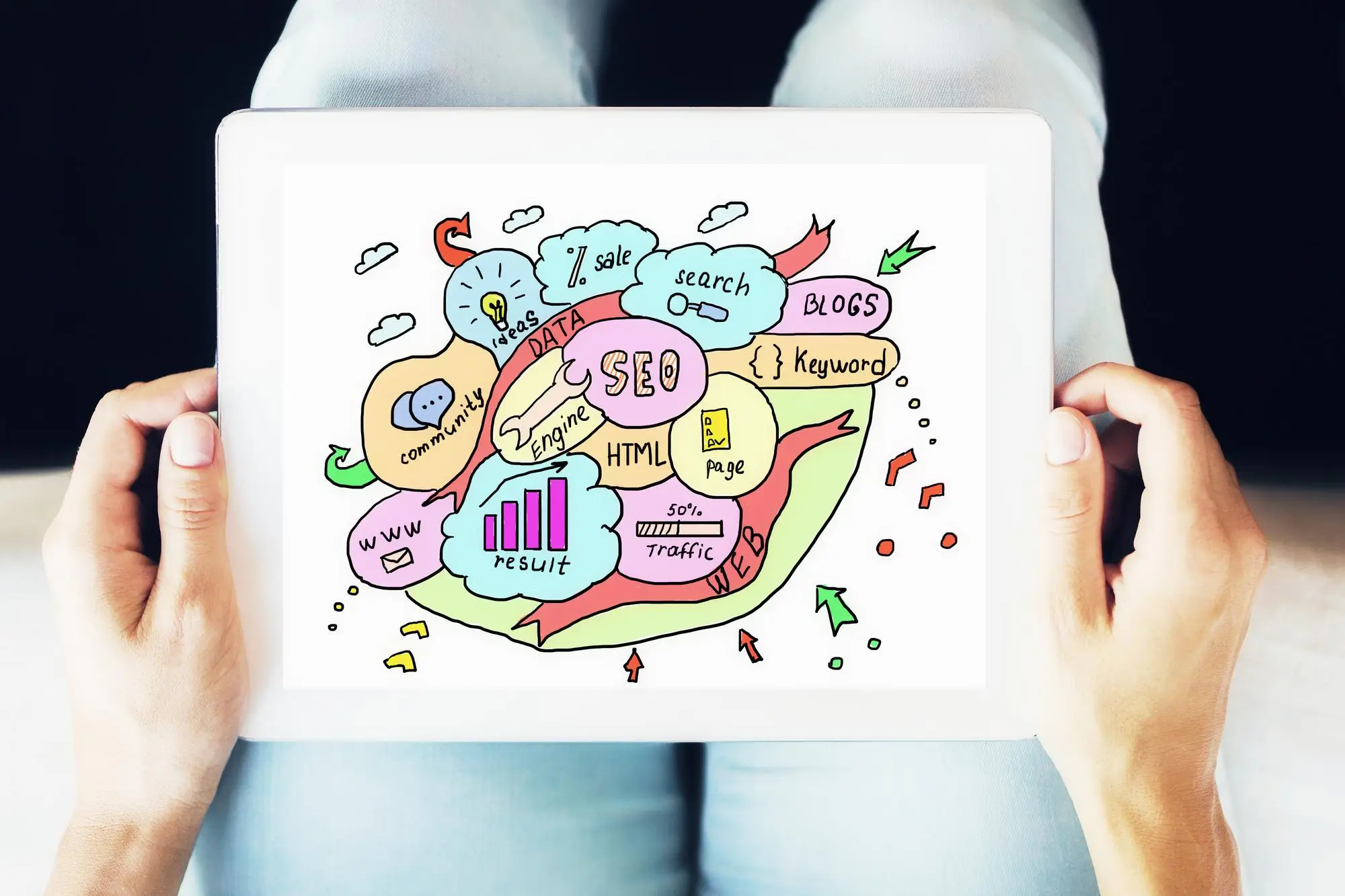 A drawing of a different shapes together with digital marketing words within the shapes